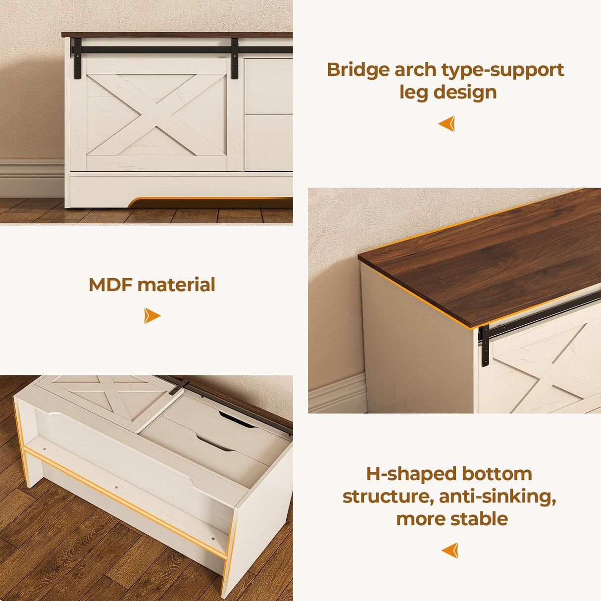 UPOSOJA Farmhouse Storage Bench with Cushion, Shoe Rack with Slide Barn Doors, Adjustable Shelf and 2 Drawer for Entry, Bedroom, Closet, Living Room, Hallway (White Brown, 40 in) UPOSOJA