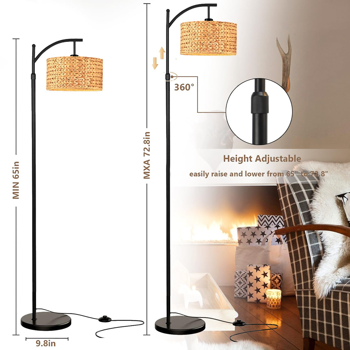 QIYIZM Floor Lamp for Living Room Bedroom Farmhouse Arc Rattan Boho Standing Lamp with Remote Dimmable Black Wicker Bamboo Lamp Shade Floor Light Adjustable Tall Lamp Industrial Floor Lamps Bohemian QIYIZM
