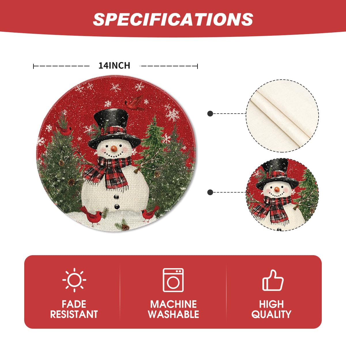 Artoid Mode Snowman Trees Snowflakes Christmas Round Placemats Set of 4, 14 Inch Winter Round Table Mats for Dining Decoration Artoid Mode