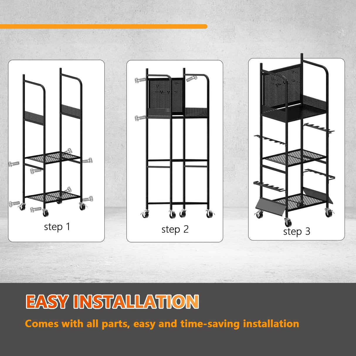 Lezbanz Heavy Duty Fishing Rod Rack with Pegboard & Hooks, Fishing Organizer for Garage Holds Up to 10 Rods, 3-Tier Fishing Gear Holder for Garage with Movable Wheels Lezbanz