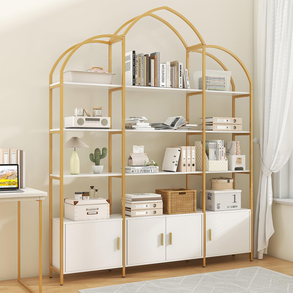 Semoic Arched Bookshelves and Bookcases: Triple Wide 5-Tier Large Open Bookshelf, Etagere Bookcase with Display Shelf for Home Office, White and Gold Semoic