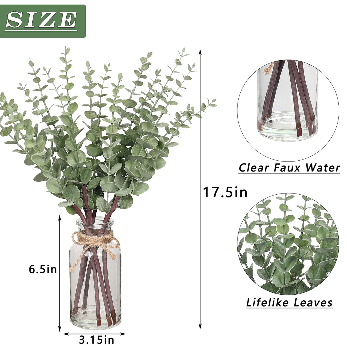 VIERENA 17.5" Artificial Eucalyptus Stems in Glass Vase with Faux Water,Fake Plant Eucalyptus Leaves White Seeds for Centerpiece Table Decorations Farmhouse Wedding Home Greenery Decor (Sage Green) VIERENA