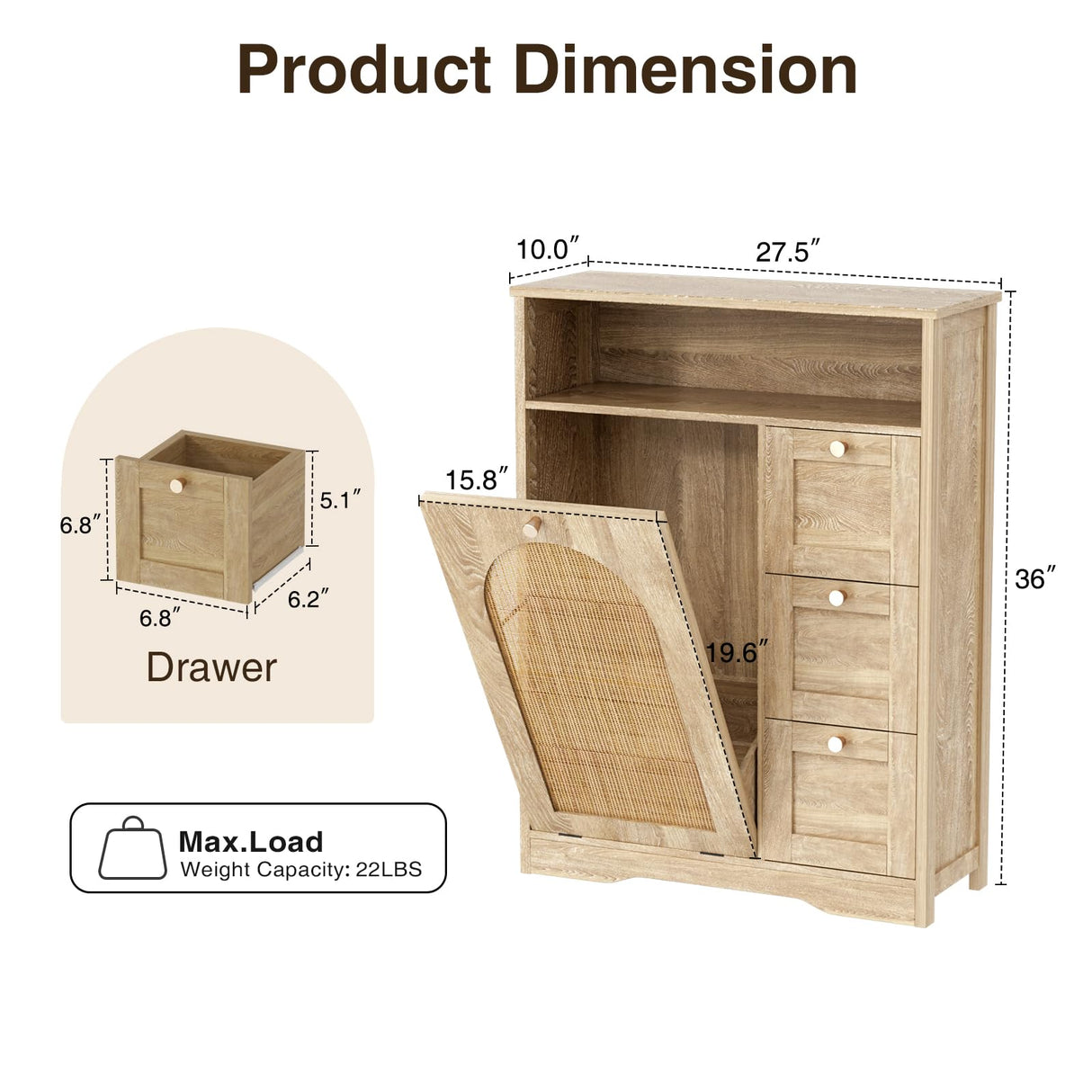 Natural Rattan Storage Cabinet with 3 Drawers, Tilt Out Trash Can Cabinet for 10 Gallon Trash Can for Laundry Hamper, Accent Furniture, Dual Dog Proof Garbage Can Cabinet for Living Room, Barthroom FiveWillowise
