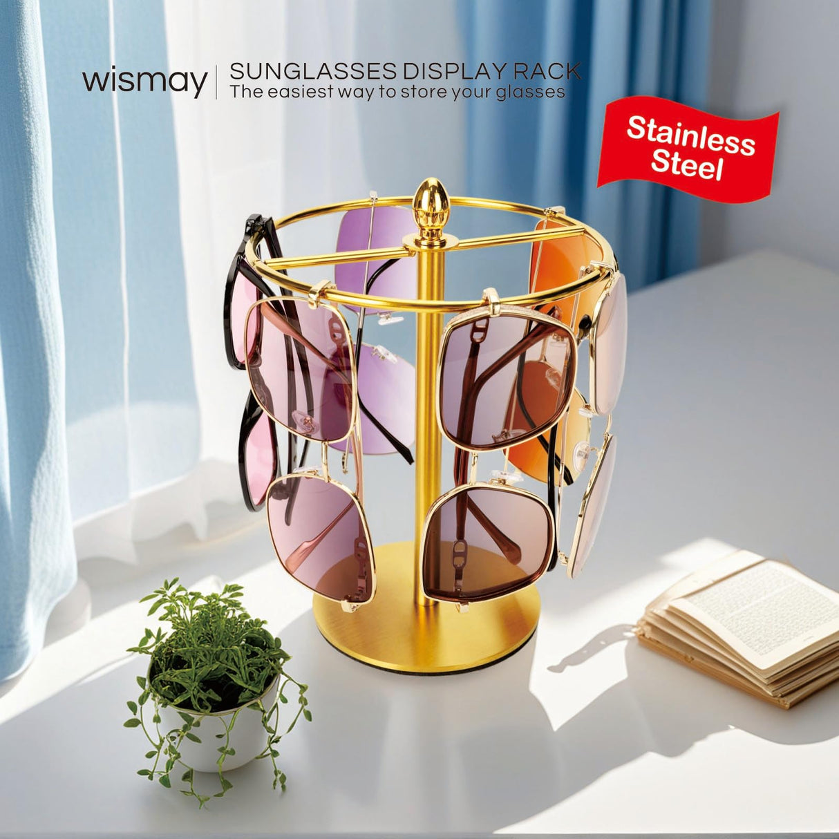 Sunglasses Organizer Display Stand, Eyeglass Holder Rack for 12 Pairs of Glasses, Stainless Steel (Gold) Wismay