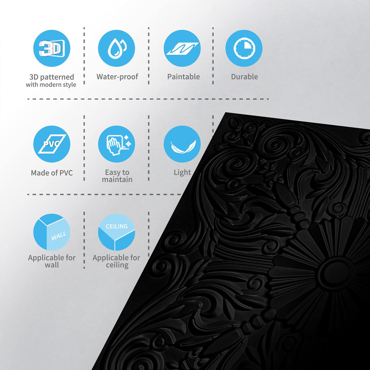 Art3d Decorative Ceiling Tile 2x2 Glue up, Lay in Ceiling Tile 24x24 Pack of 12pcs Spanish Floral in Black Art3d