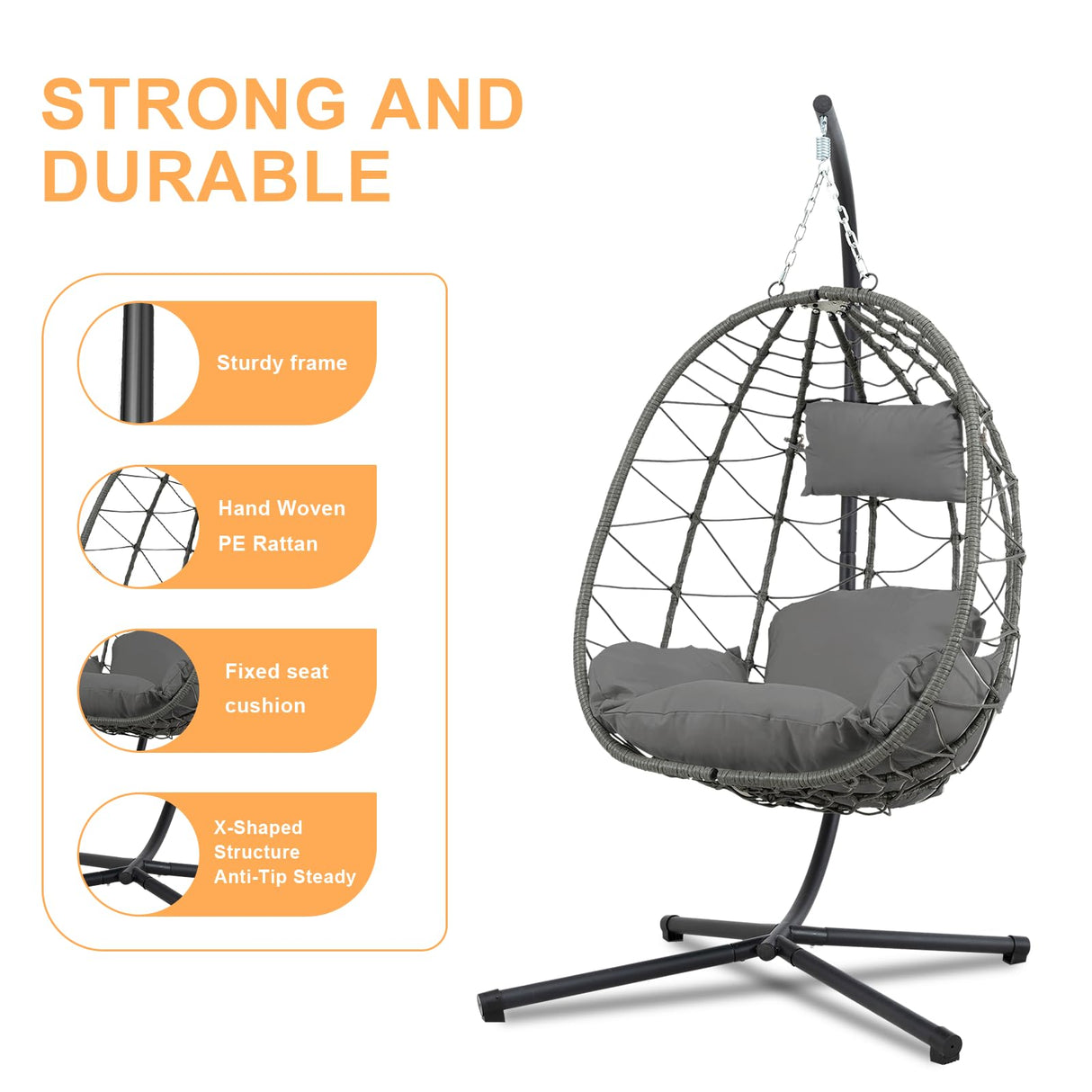 Egg Chair Indoor Outdoor, Foldable Hanging Egg Chair with Stand, Patio Swing Egg Chairs, UV Resistant Removable &Washable Thicken Padded Cushions, 350LBS Capacity for Bedroom, Balcony, Dark Gray HiDSLiving