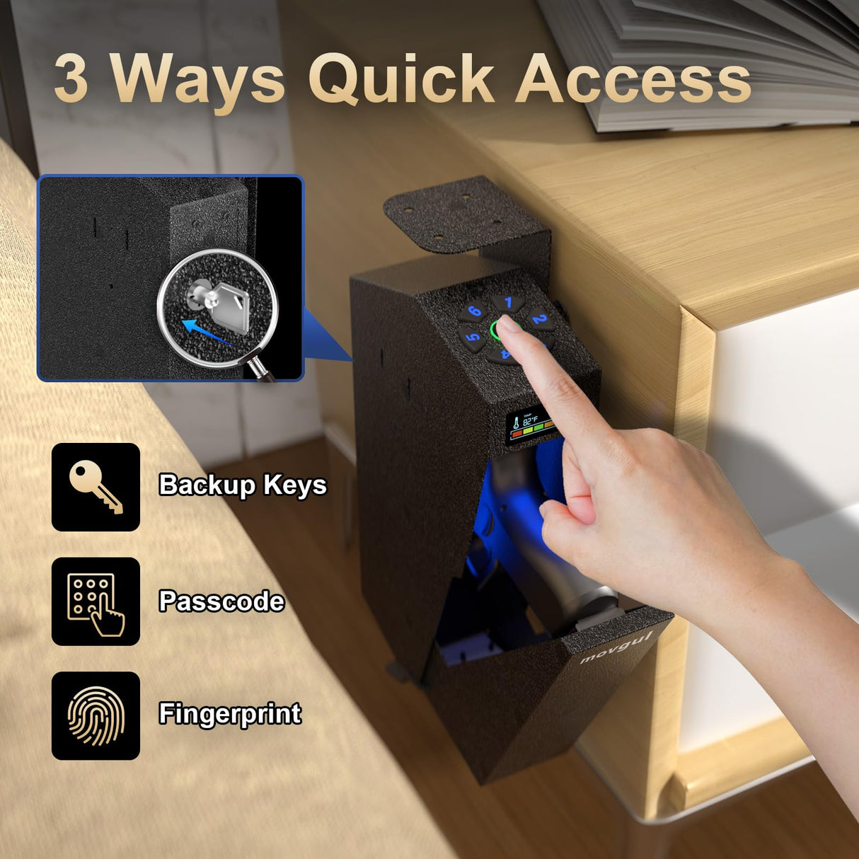 movgul Gun Safe, Biometric Drop Down Bedside Gun Safe Quick Access Handgun Safe Mount Pistol Safe for Desk, Car, Nightstand movgul