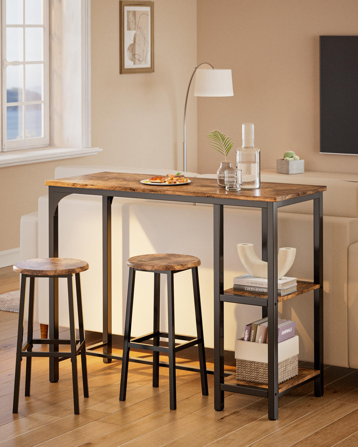 Qsun 3-Piece Bar Table Set for 2, Bar Table with Stools & 2 Storage Shelves, Small Bar Table Set with Glass Rack, Small Kitchen Table for Dining Room, Living Room, Rustic Brown Qsun