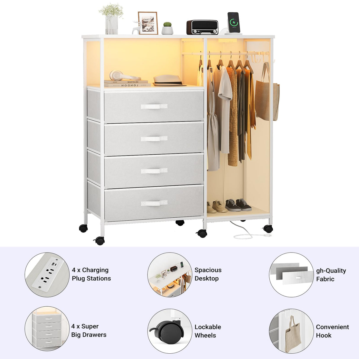 Seeday Fabric Dresser with Clothes Rack, 4 Drawers Dresser for Bedroom with Charging Station and LED Lights, Chest of Drawers with Wheels, Steel Frame, Wood Top, for Bedroom, Closet, White Seeday