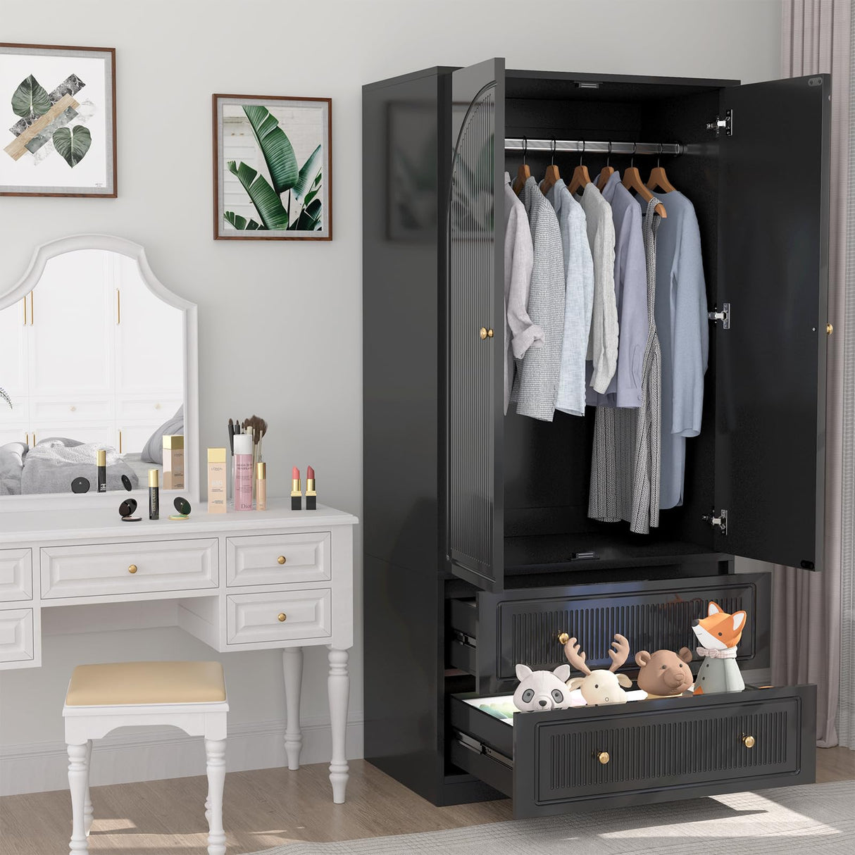 Wardrobe Closet with 2 Door & 2 Drawers, 71" Black Bedroom Wooden Armoire with Hanging Rod, Freestanding Large Capacity Clothing Wardrobe Cabinet w/Gold Handles for Bedroom Buenhomino