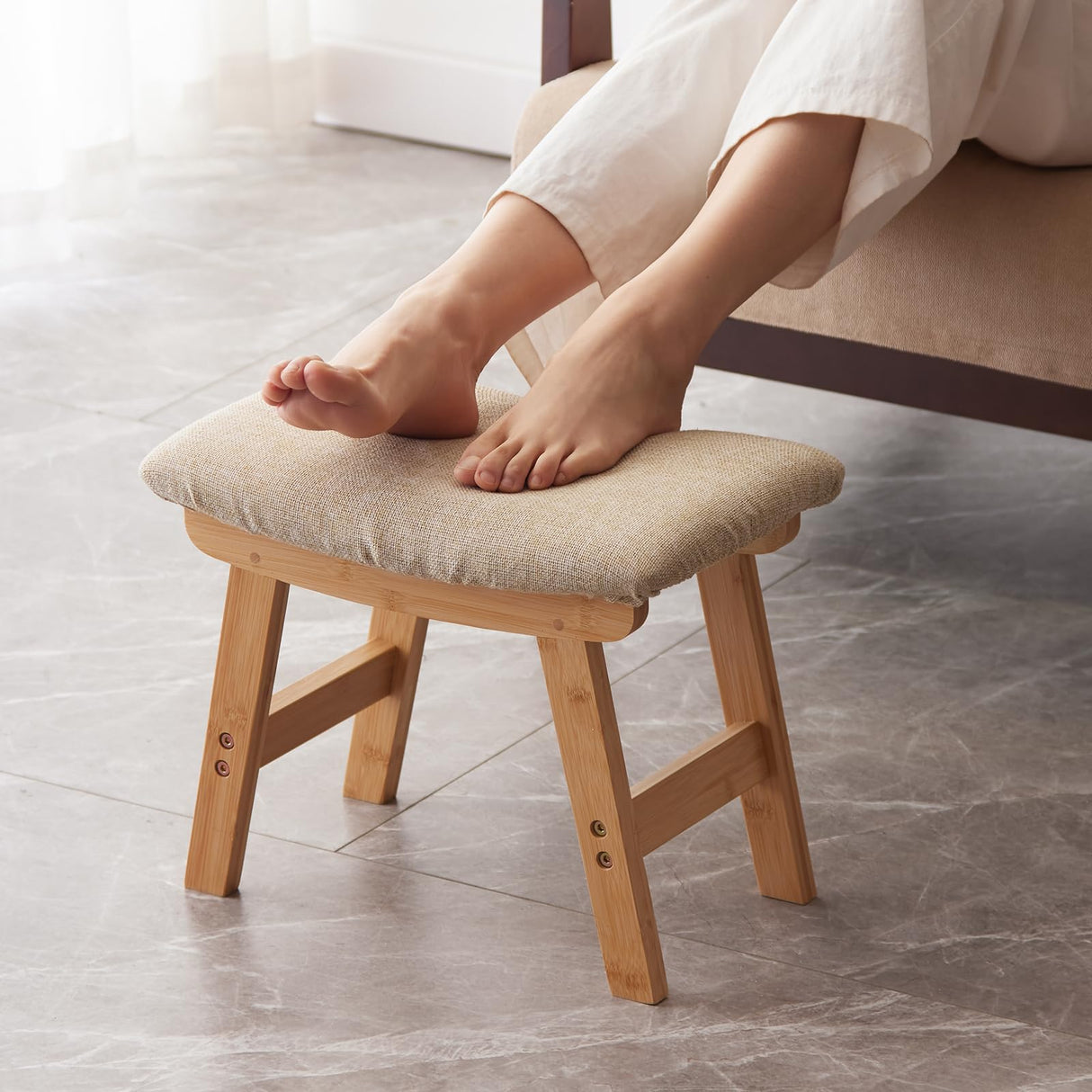 Foot Stool,Ottoman,Bamboo Small Sofa Foot Rest Under Desk,Extra Seating for Living Room, Bedroom and Kitchen (Natural Stool Legs - Beige Surface) Kitsanery