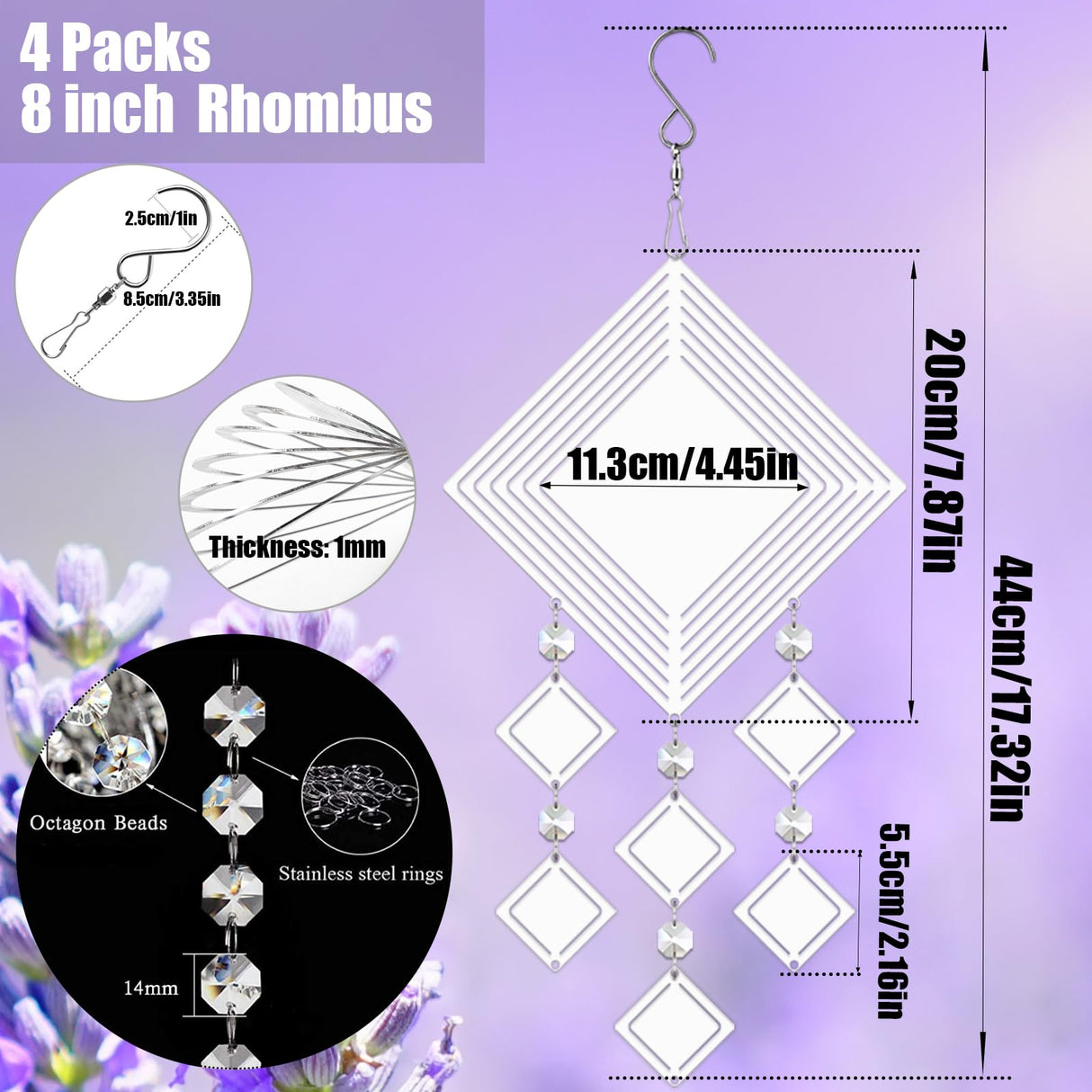 4Pack 8inch Sublimation Wind Spinner Blanks 3D Aluminum Metal Wind Sculpture Kinetic Spinners for Yard and Garden Indoor Art Ornaments Hanging Decoration (Rhombus) WindMage