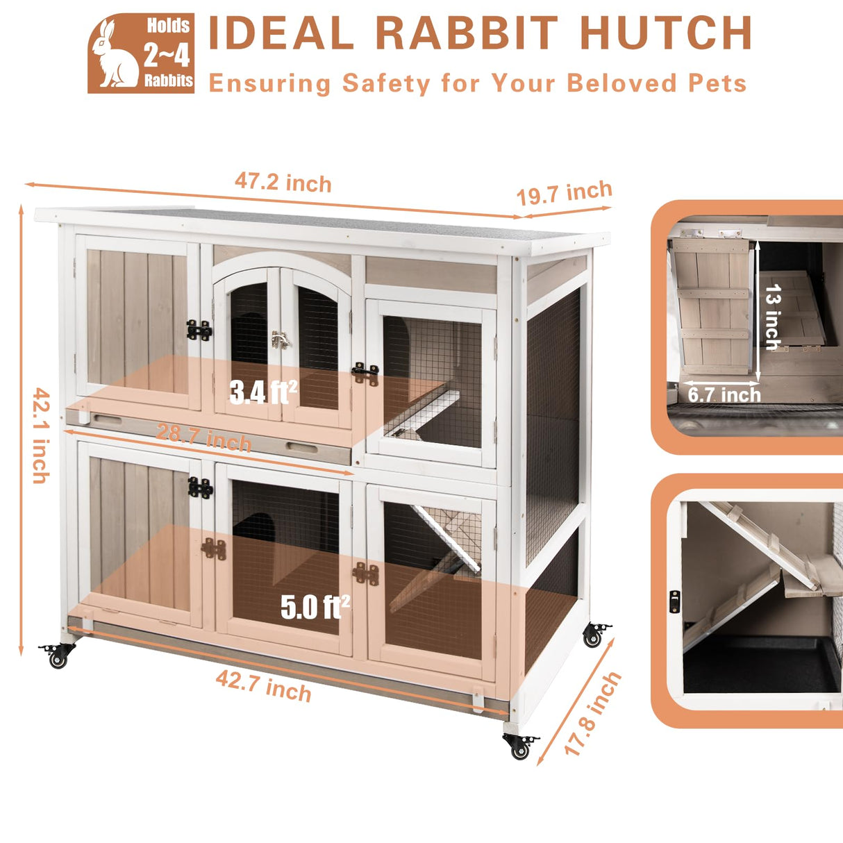 Gowoodhut 47"L Rabbit Hutch Indoor Wooden 2 Story Rabbit Large Bunny Hutch Outdoor Bunny Cage on 4 Metal Wheels and 2 Deeper Pull Out Trays, Ramp,Guinea Pig Pet House for Small to Medium Animals,Grey Gowoodhut