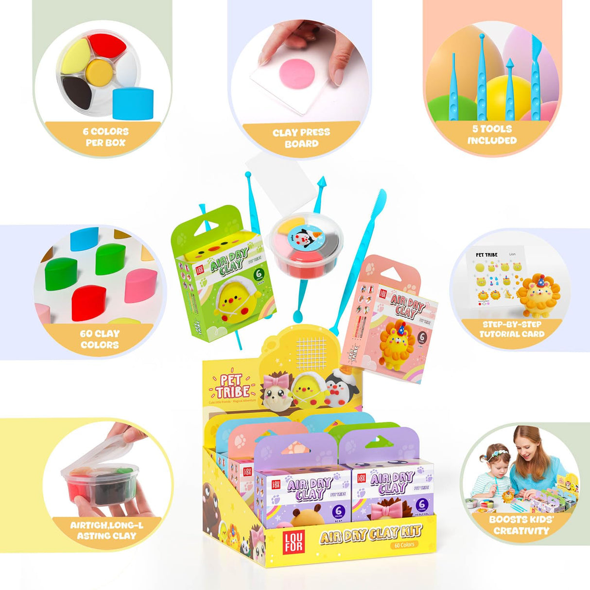 Air Dry Clay for Kids - Modeling Clay Kits, Ultra Light & Soft, Safe & Non-Toxic, 10 Boxes DIY Model Magic Clay 60 Colors with Sculpting Tools und Tutorials, Creative Art Crafts Toys Gifts Boys Girls LOUFOR