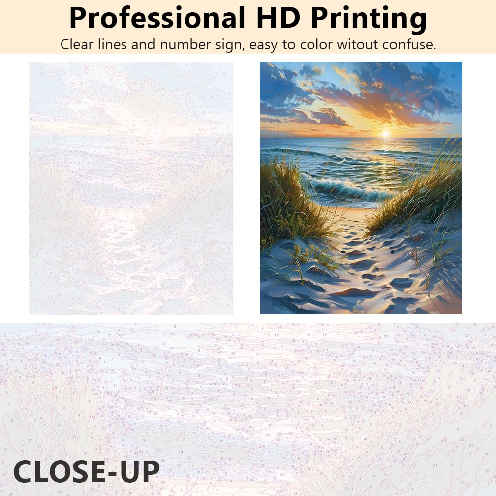 TUMOVO DIY Paint by Numbers for Adults - Beach Scene with Sunrise, Abstract Canvas Wall Art, 16x20 Inch - Beginner Friendly TUMOVO
