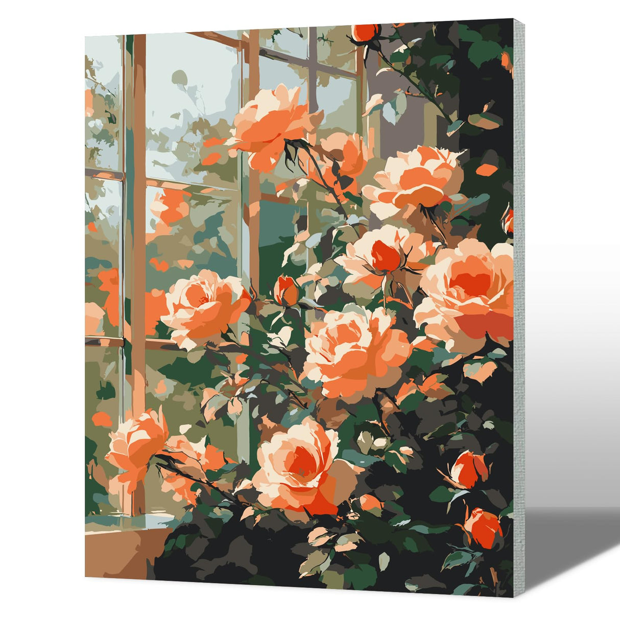 MAXBYE Window Roses Paint by Numbers Kits for Adults Beginners with Wooden Frame, Easy Canvas Paint by Numbers Pink Flowers, DIY Oil Painting Art Kit for Home Wall Decoration 12X16 inch MAXBYE