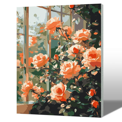 MAXBYE Window Roses Paint by Numbers Kits for Adults Beginners with Wooden Frame, Easy Canvas Paint by Numbers Pink Flowers, DIY Oil Painting Art Kit for Home Wall Decoration 12X16 inch