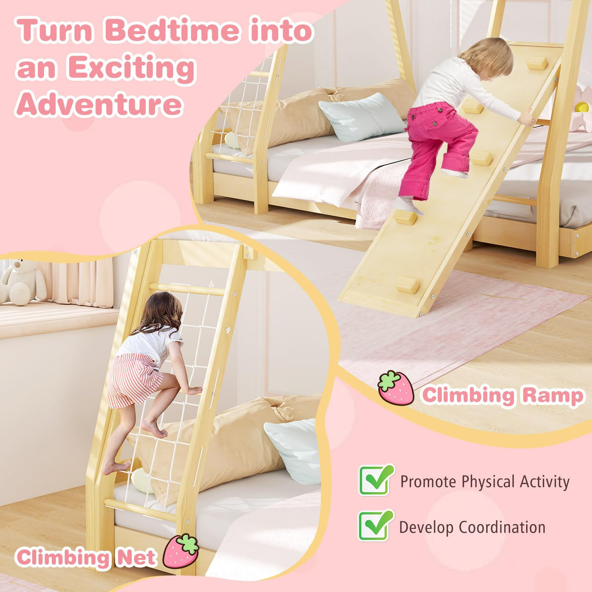 Giantex Twin Over Queen Bunk Bed, Wood House Bunk Bed for Kids with Climbing Nets and Ramp, Floor Queen Size Bunk Beds with Safety Guardrail, No Box Spring Needed, for Boys Girls Adults (Natural) Giantex