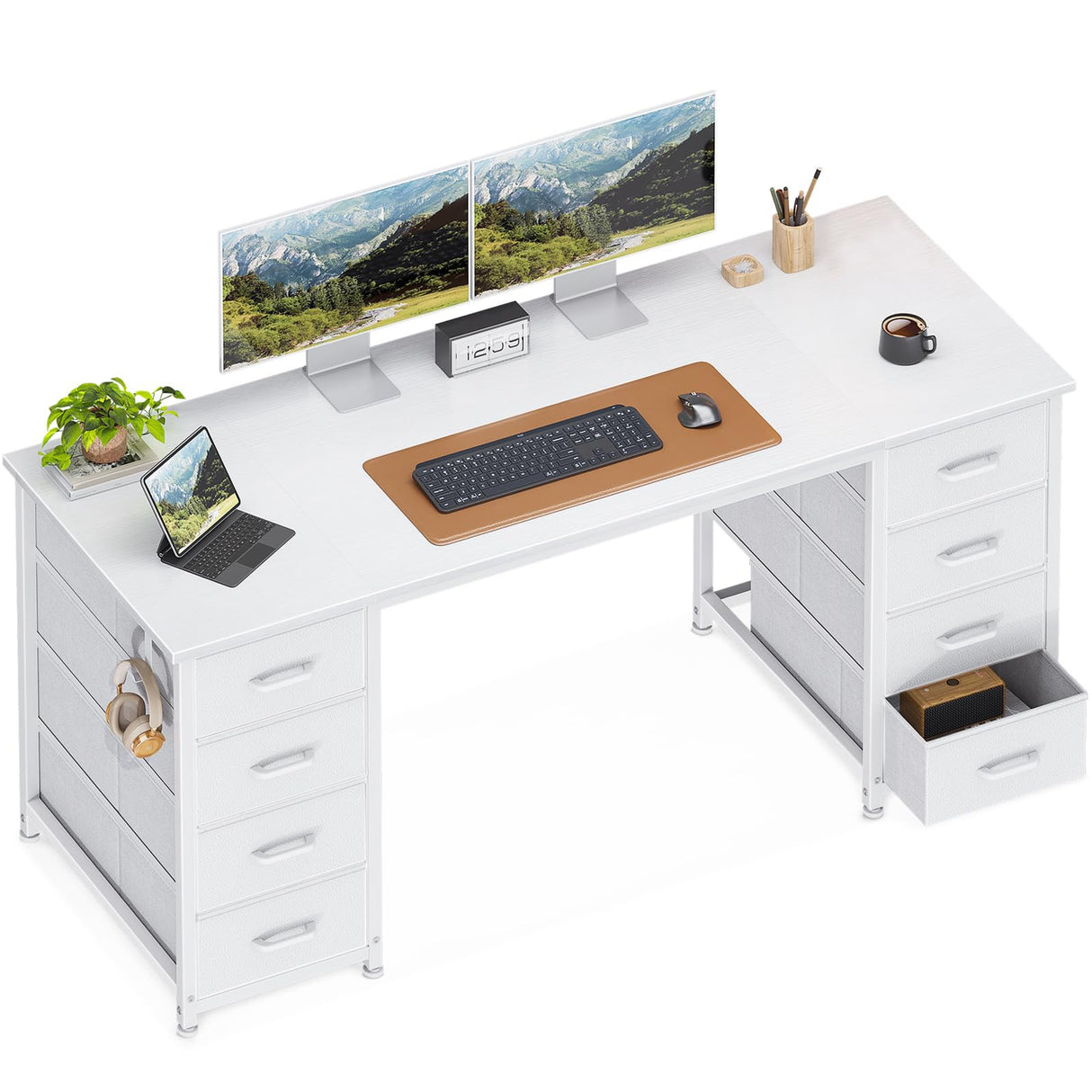 ODK 55 Inch Computer Desk with 8 Fabric Drawers, Modern Office Desk with Large Storage for Home Office, Study, Gaming, White ODK