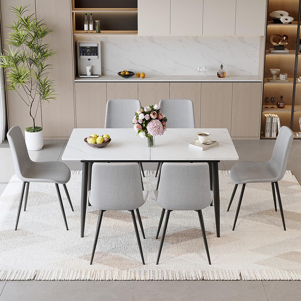 FURNITO 7 Piece Dining Table Set, 59"-75" Extendable Dining Room Table Set with 6 Upholstered Chairs, White Kitchen Table Chairs Set for Living Room, Apartment, Easy to Assemble FURNITO