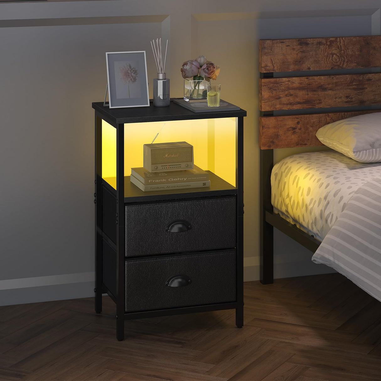 sthmec Nightstand with Charging Station, Night Stand with 2 Fabric Drawers PU Finish, Bedside Table End Table with LED Light, 3-Tier Storage Side Table Nightstand with Drawers for Bedroom,Black sthmec
