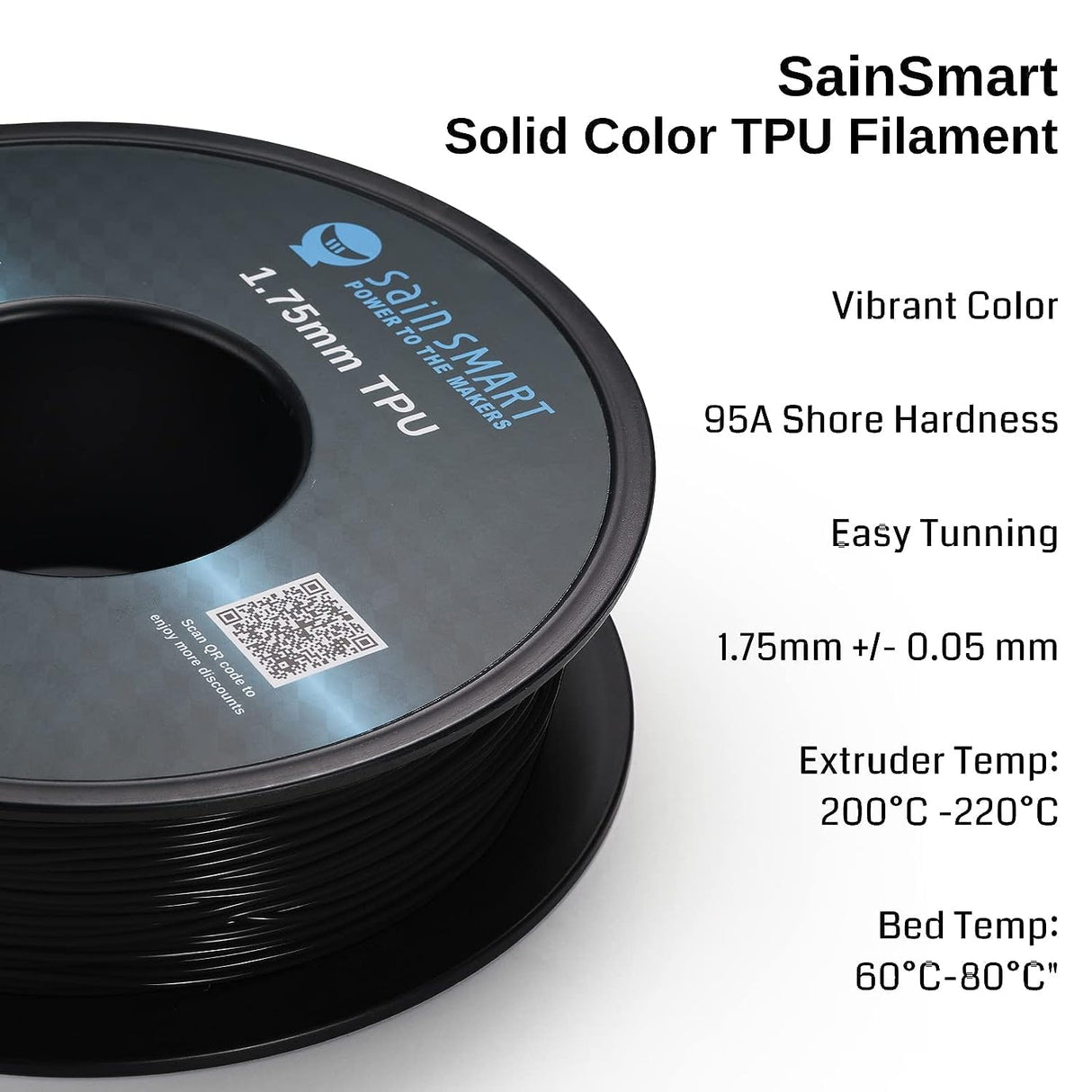 SainSmart TPU Filament 1.75, Blck Flexible TPU 3D Printing Filament, 1.75 mm, 0.8 kg, Dimensional Accuracy +/- 0.05 mm SainSmart