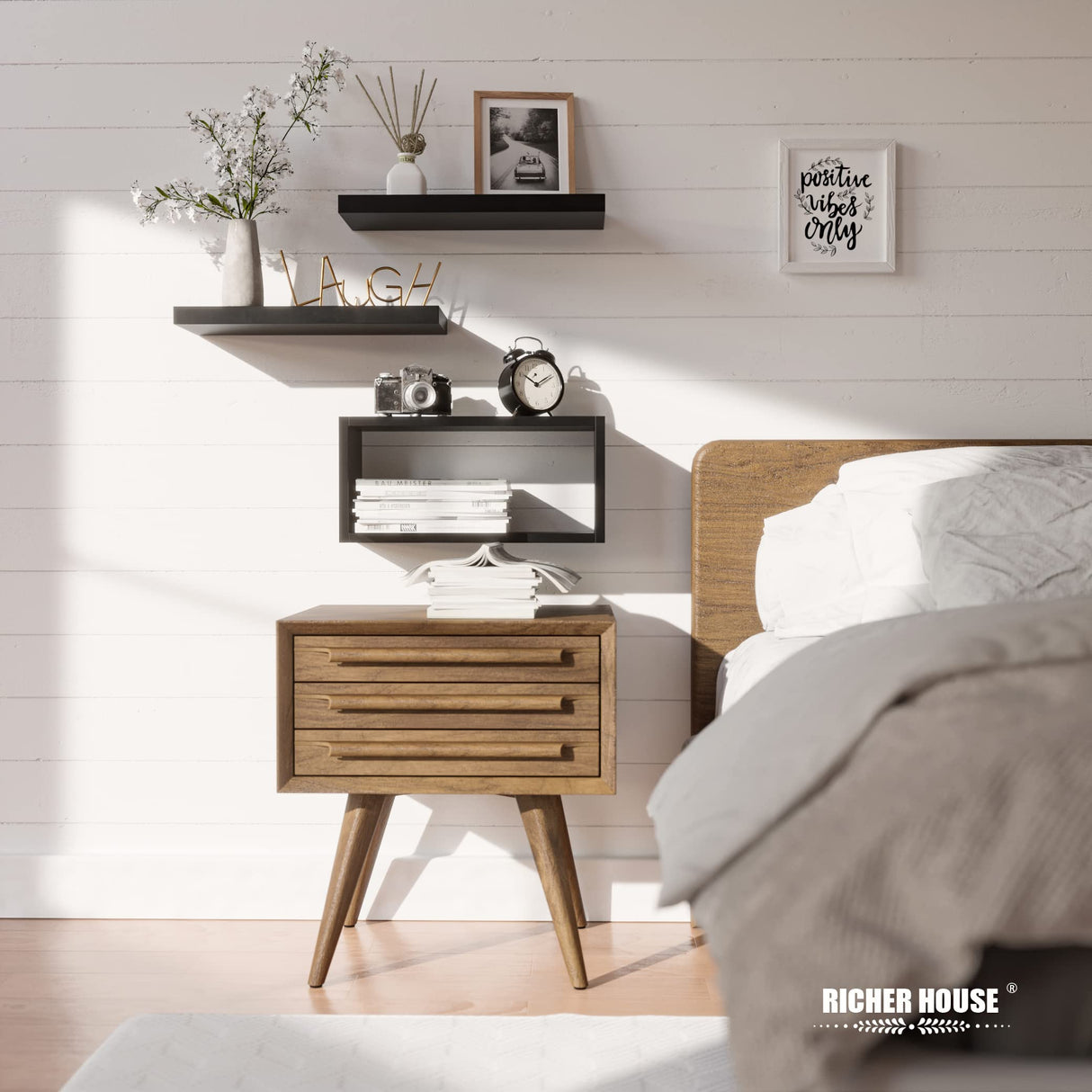 RICHER HOUSE Black Floating Shelves Set of 3, Modern Bathroom Shelves Wall Mounted Shelves for Wall Decor, Over Toilet Black Wall Shelves for Bathroom Bedroom, Living Room, Kitchen - Black RICHER HOUSE