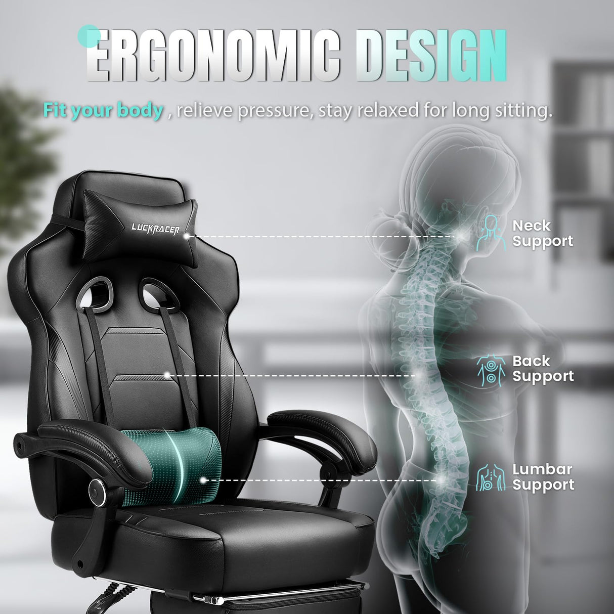 LUCKRACER Gaming Chair, Video Game Chairs Gaming Computer Chair with Footrest 350Lb Heavy Duty Gaming Chair Ergonomic Office Chair Lumbar Support for Adults, High Back, Swivel Seat, Recliner(Black) LUCKRACER