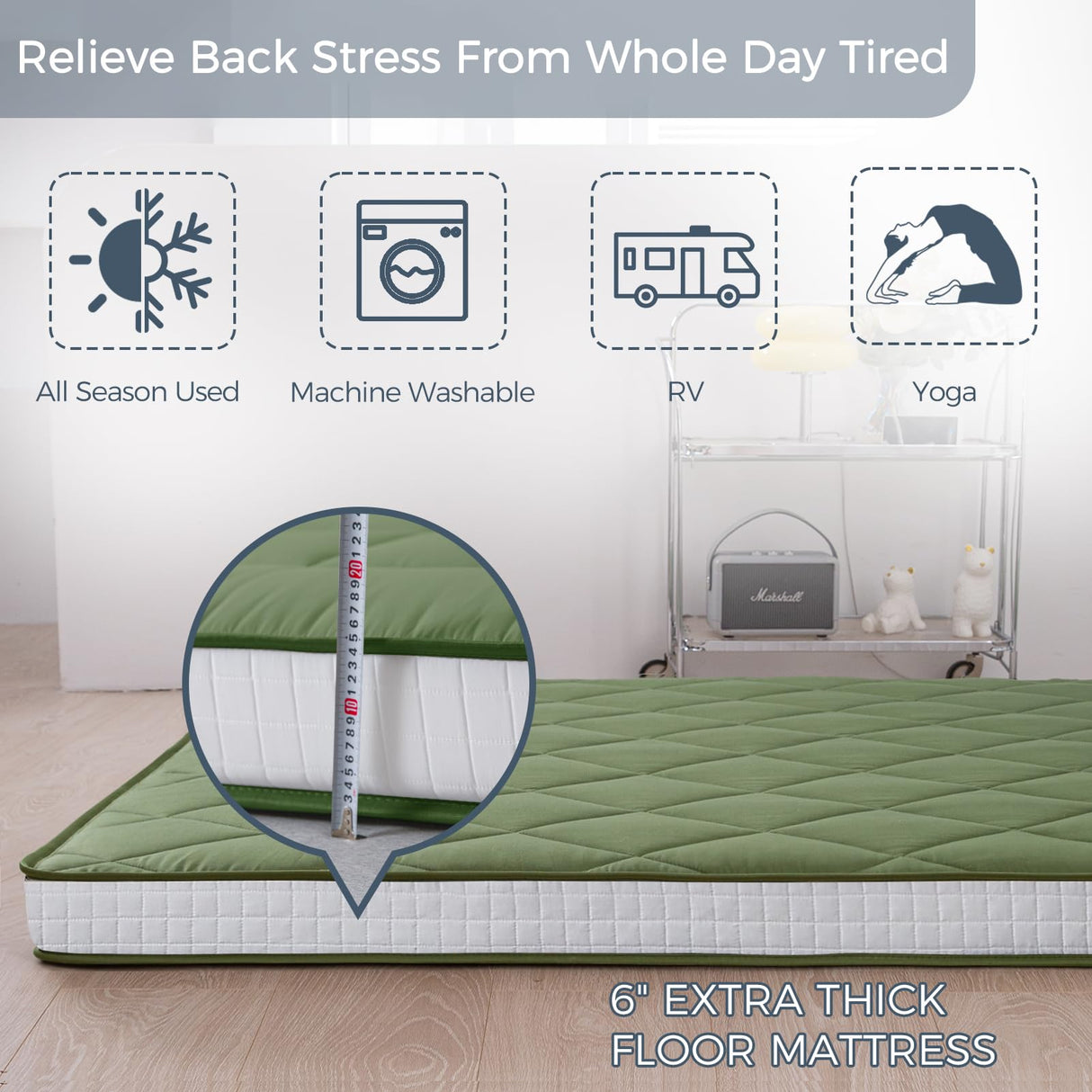 MAXYOYO 6" Extra Thick Futon Mattress Floor Mattress, Queen Size Diamond Pattern Mattress Pad Tatami Pad Japanese Floor Mattress for Adults Floor Bed Roll Up Mattress Guest Mattress, Green MAXYOYO