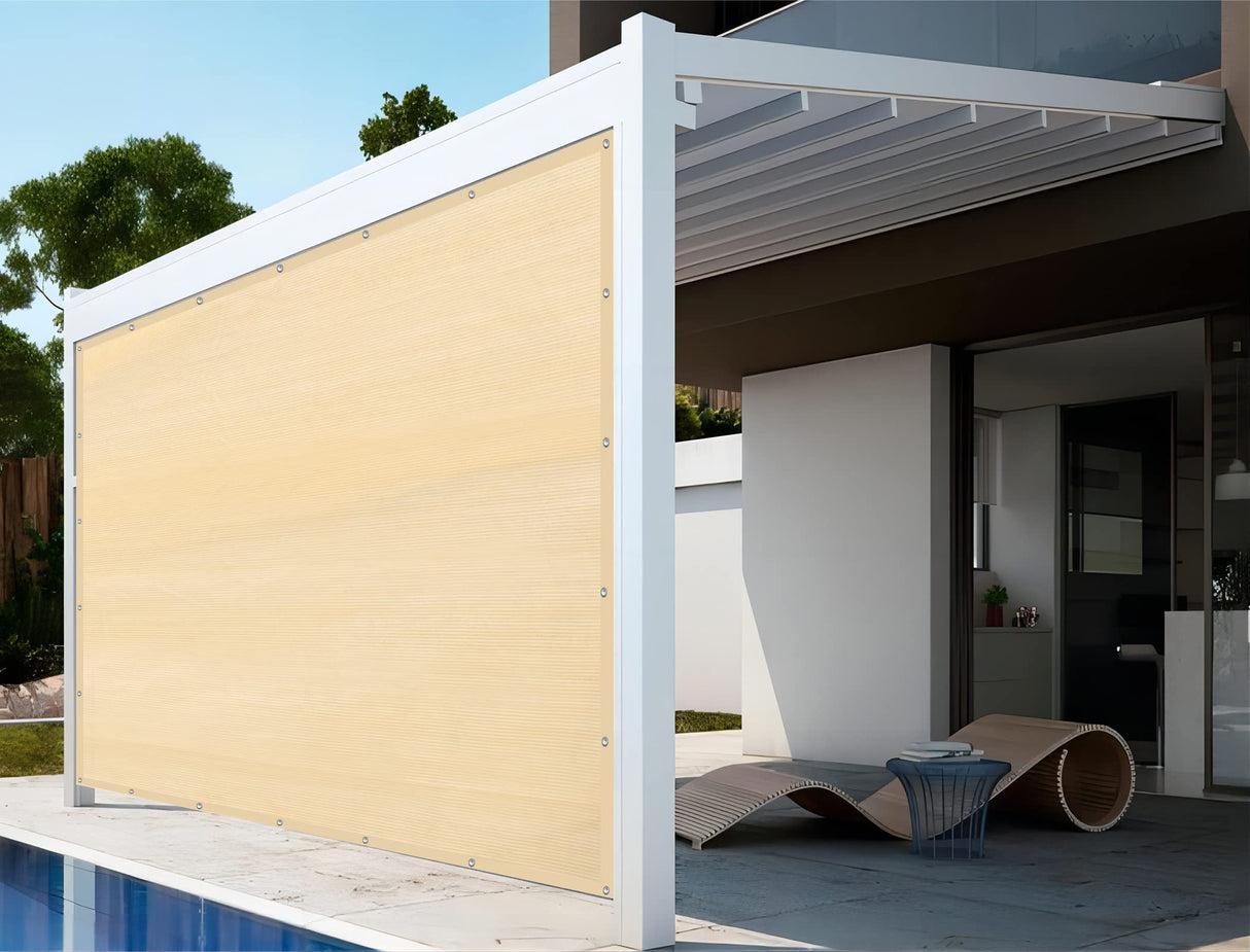 Shatex 90% Sun Shades for Patios 10x 20ft Shade Fabric Sun Shade Cloth Taped Edge with Grommets Sun-Block Mesh Shade for Pergola Cover Canopy Wheat, 12 Bungee Balls Shatex