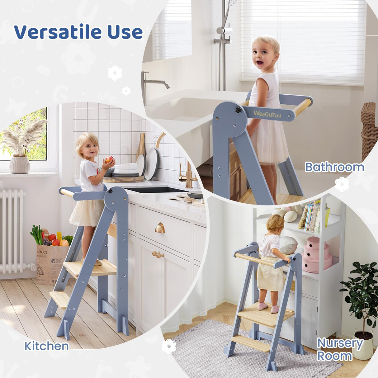WeeGuruu Foldable Kitchen Tower, Height Adjustable Standing Tower for Toddlers Learning New Skills, Wooden Kids Kitchen Stool Helper with Safety Rails- Ages 18 Months to 6 Years WeeGuruu