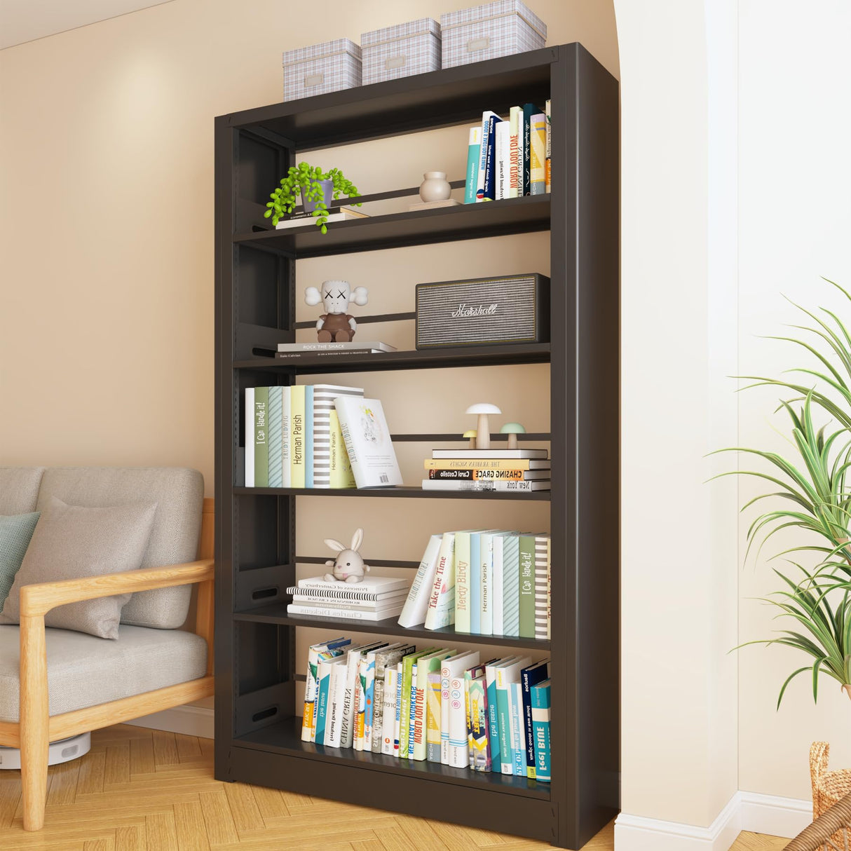 OSEILLC 69" Tall Heavy-Duty Bookshelf, 5-Tier Metal Bookshelf with Adjustable Shelves, Open Shelf Bookcase, Tall Bookshelves for Home Office, Library, Bedroom, Including Book Stopper OSEILLC