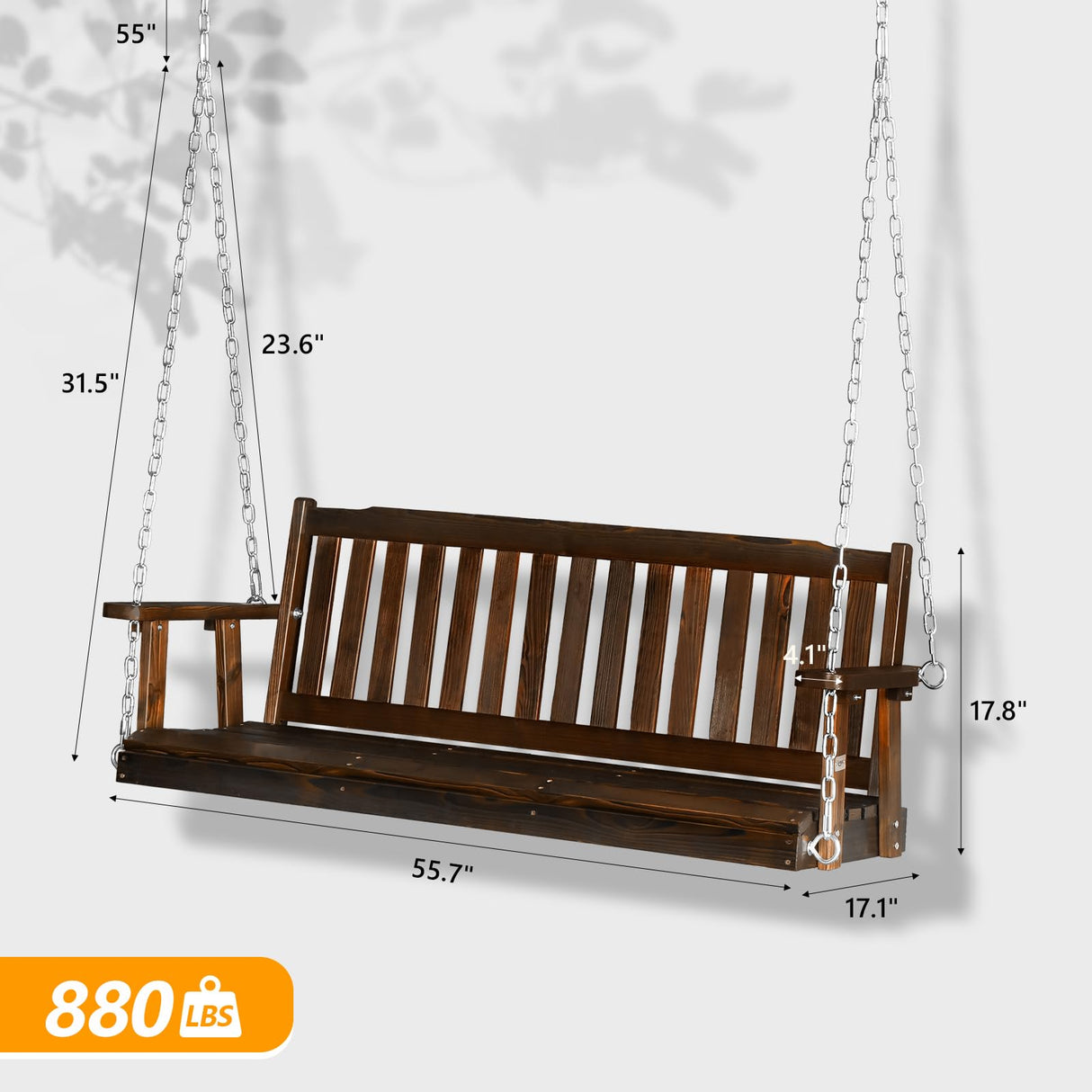 VINGLI Heavy Duty 880 LBS 5 FT Wooden Porch Swing Outdoor, Outdoor Hanging Swing Bench (5 FT, Rustic) VINGLI