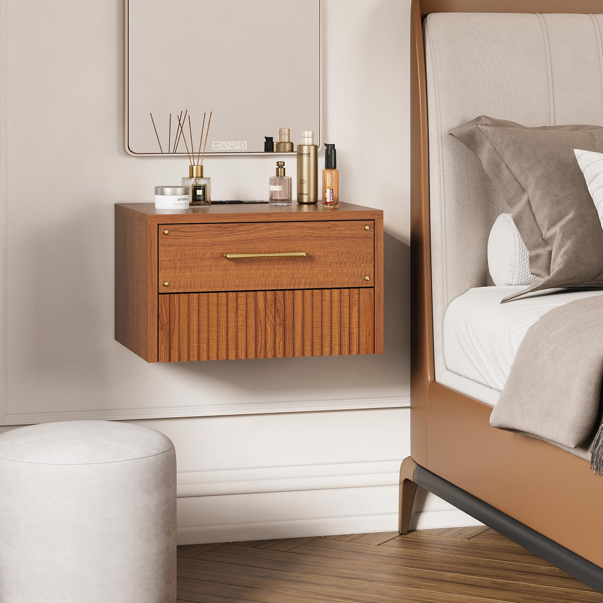 JOINICE Floating Nightstand Set of 2 with Charging Station, Mid Century Modern Wood Wall Mounted Bedside Table with Storage Drawers & Fluted End Table for Bedroom, Home Small Space, Cherry, 2 PCS JOINICE