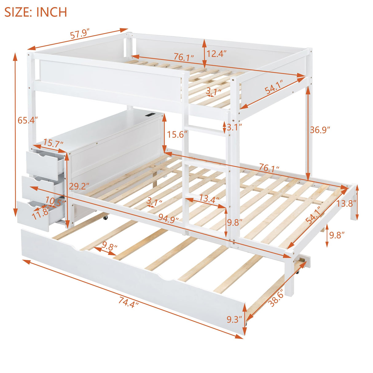 Harper & Bright Designs Full Over Full Bunk Bed Twin Size Trundle, Wood Full Bunk Bed with USB Ports, Storage and Desk, White Harper & Bright Designs