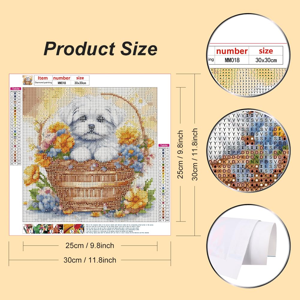 WSLWXSHM Diamond Painting Kits for Adults, Dog Round Full Drill Diamond Art Kits, 5D DIY Paint with Diamonds Crafts for Home Wall Decoration Gifts 12×12Inch Flower Basket WSLWXSHM