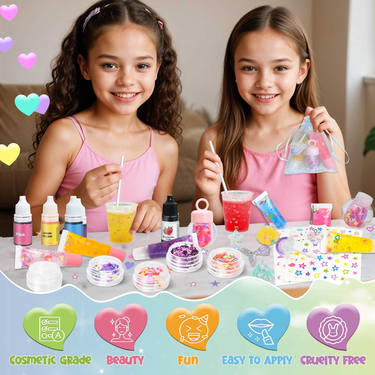 Jcoos Lip Gloss Making Kit - 73PCS Keychain DIY Lip Gloss, Shimmery Moisturizing Lip Glaze Handmade Set, Fun Craft Kit for Beginner, Women, Kids, Tween, Preteen, Teens Girl Gifts Trendy Stuff Jcoos