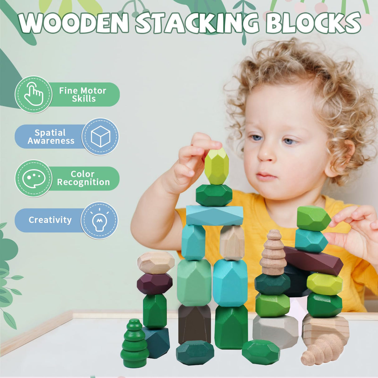 YHHYTOY 40 PCS Wooden Stacking Rocks Building Blocks Forest Theme, Sensory Learning Montessori Toys for 3 4 5 Year Old Kids, Preschool Educational STEM Toys Toddler Games Birthday Gifts for Girls Boys YHHYTOY