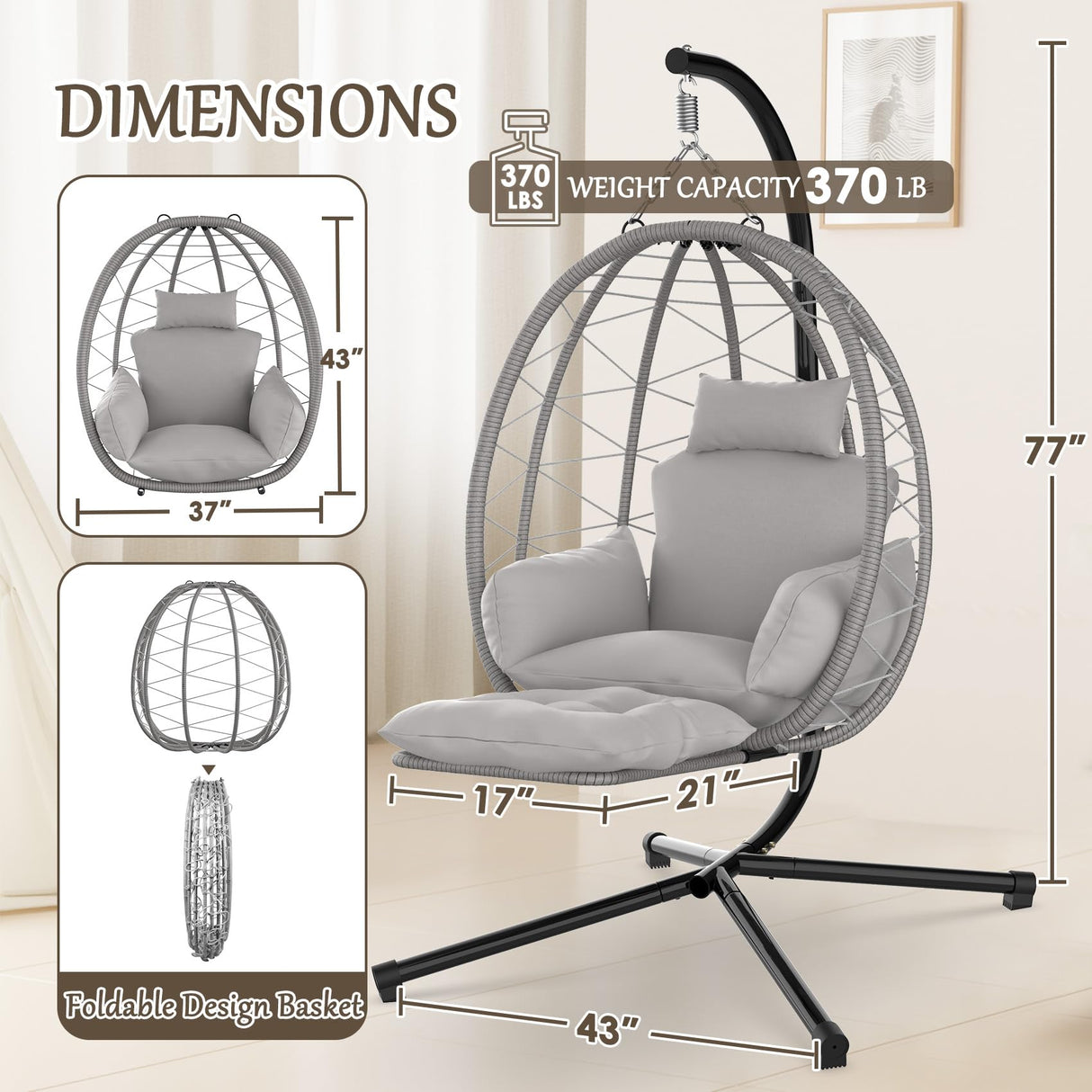 ZENPETIO Hanging Egg Chair with Stand, Removable Leg Rest, UV Resistant Cushion & Pillow, 370lbs Capacity – Indoor & Outdoor Use, Rattan Wicker Swing Egg Chair for Patio, Bedroom, Balcony, Gray ZENPETIO