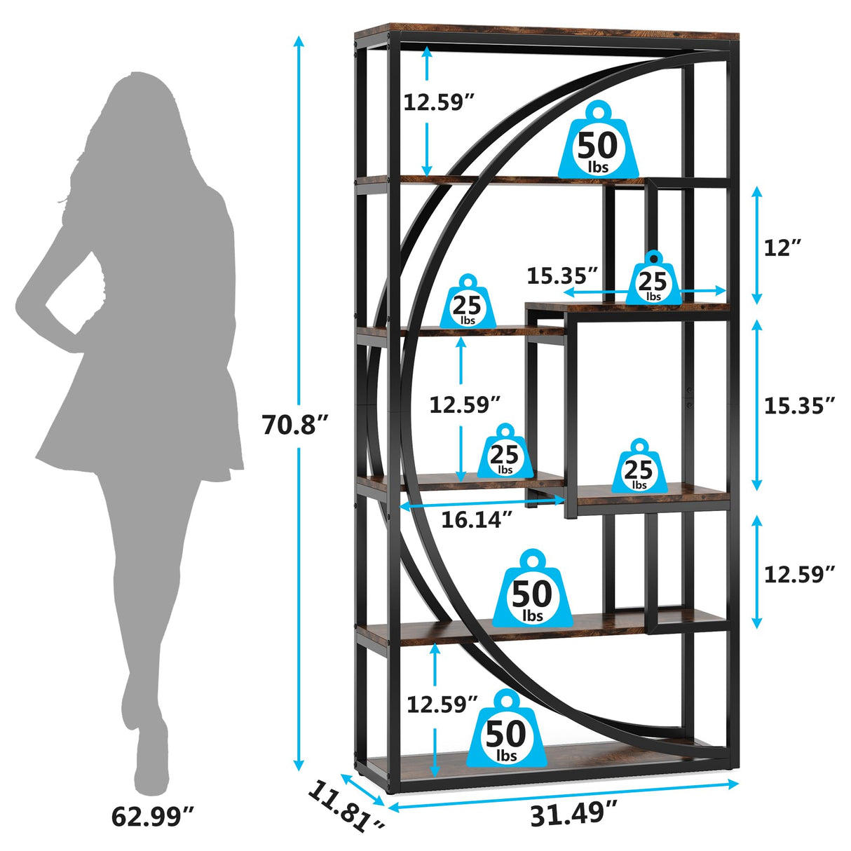 Tribesigns Bookshelf, Industrial 5-Tier Etagere Bookcase, 70.8 inch Tall Bookshelf with 8 Open Storage Shelf, Book Shelf Display Tack Shelving Unit for Home Office Living Room, Rustic Brown Tribesigns