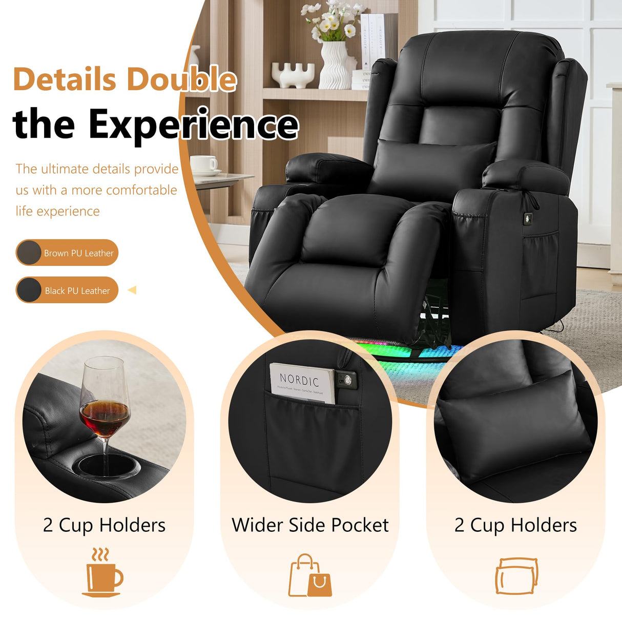 URRED Rocker Recliner Chair for Adults, 360° Swivel Glider Reclining Single Sofa with LED Ambient Light, Cup Holders and Side Pockets, Faux Leather Recliner for Living Room or Home Theater, Black URRED