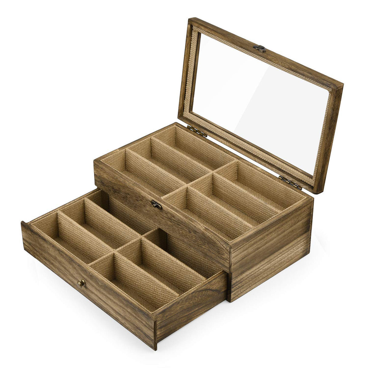 SRIWATANA Sunglasses Case Organizer for Women Men, 12 Slot Wood Eyeglass Eyewear Display Box with Glass Top, Gifts for Loved One, Carbonized Black SRIWATANA