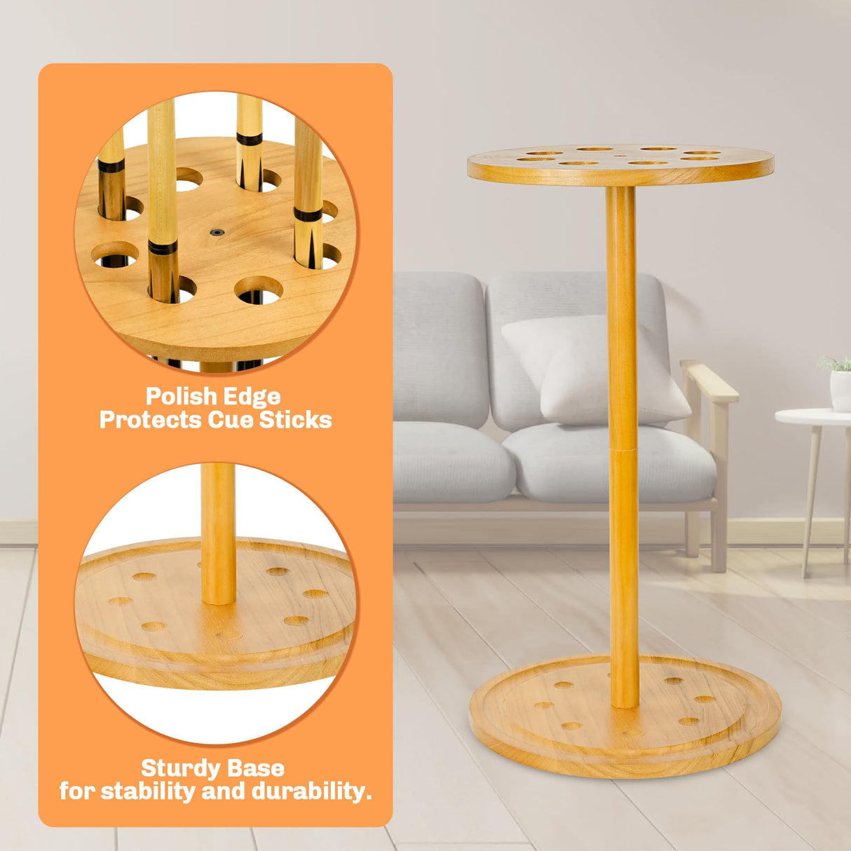 Jolensoy Pool Stick Holder Floor Stand - Round Billiard Cue Rack Pool Table Accessories Holds 8 Pool Cues, Wooden Freestanding Pool Cue Rack Billiards Table Stand for Game Room Billiard Room Decor Jolensoy