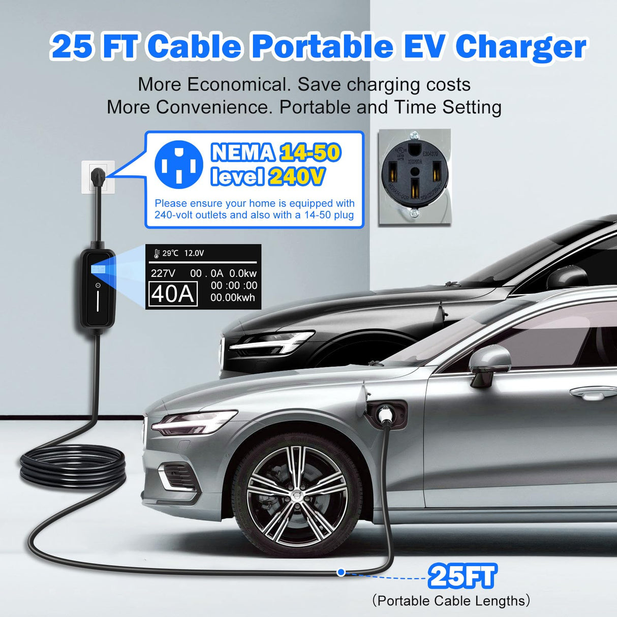 SubSun Portable Level 2 EV Charger 40Amp 240V Electric Car Charger for All J1772 EVs Includes Chevy Volt Bolt and Nissan Leaf, 25FT EV Charging Cable with NEMA 14-50 Plug for Home Travel SubSun