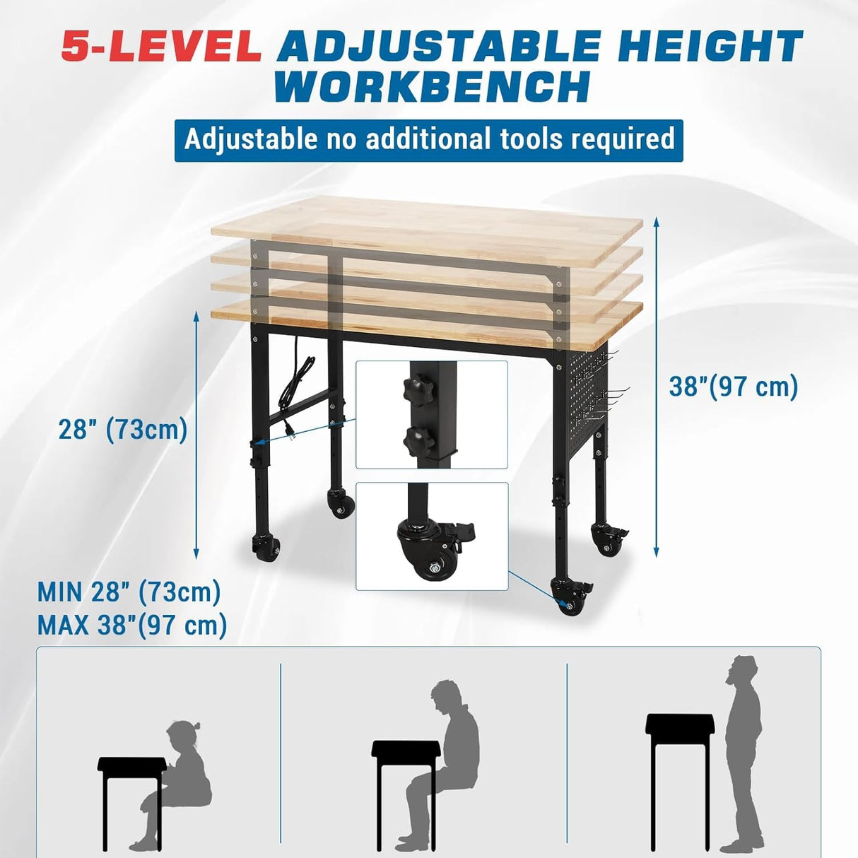 48" Heavy-Duty Height Adjustable Workbench, 2000 Lbs Capacity Hardwood Worktable Work Bench with Power Outlets, Brake Wheels for Garage Workshop Office Home Woodworking Shop Doppeltcharms