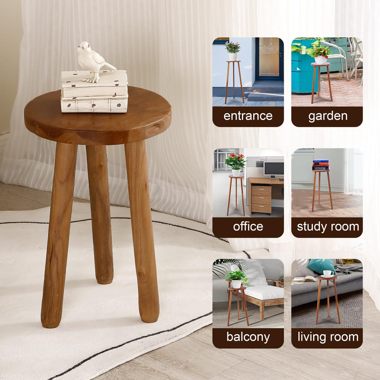 JOLLYMER 11.8" Round 18" Tall Wood Plant Stand | Teak Wood Accent Stool | Accent Table |Side Table JOLLYMER