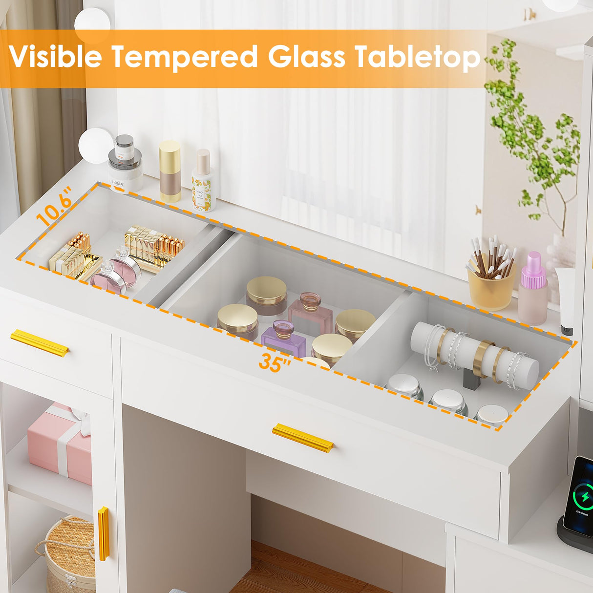 BEWISHOME 49.2" Large Vanity Desk with Mirror and Lights,White Makeup Vanity Table with Glass Top,Stool,Makeup Desk with Power Outlet,Drawers,Cabinet,Nightstand,Dressing Table for Bedroom Women FST34W BEWISHOME