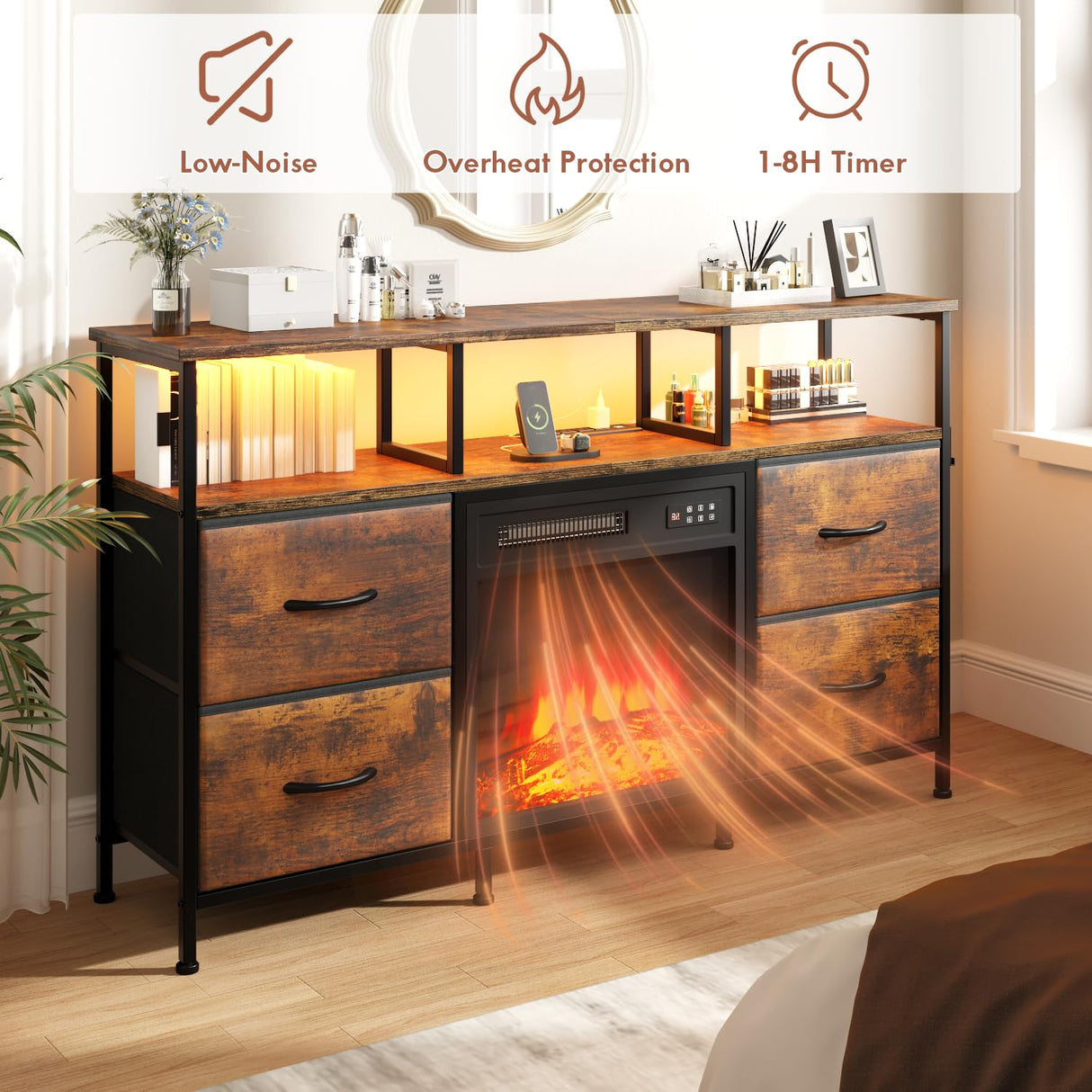 Fireplace TV Stand with 4 Fabric Drawers, TV Stand Dresser with Power Outlets and LED Lights, Fireplace Entertainment Center with Open Shelf for 43,50 Inch TV, for Living Room, Bedroom, Rustic Brown PUKAMI