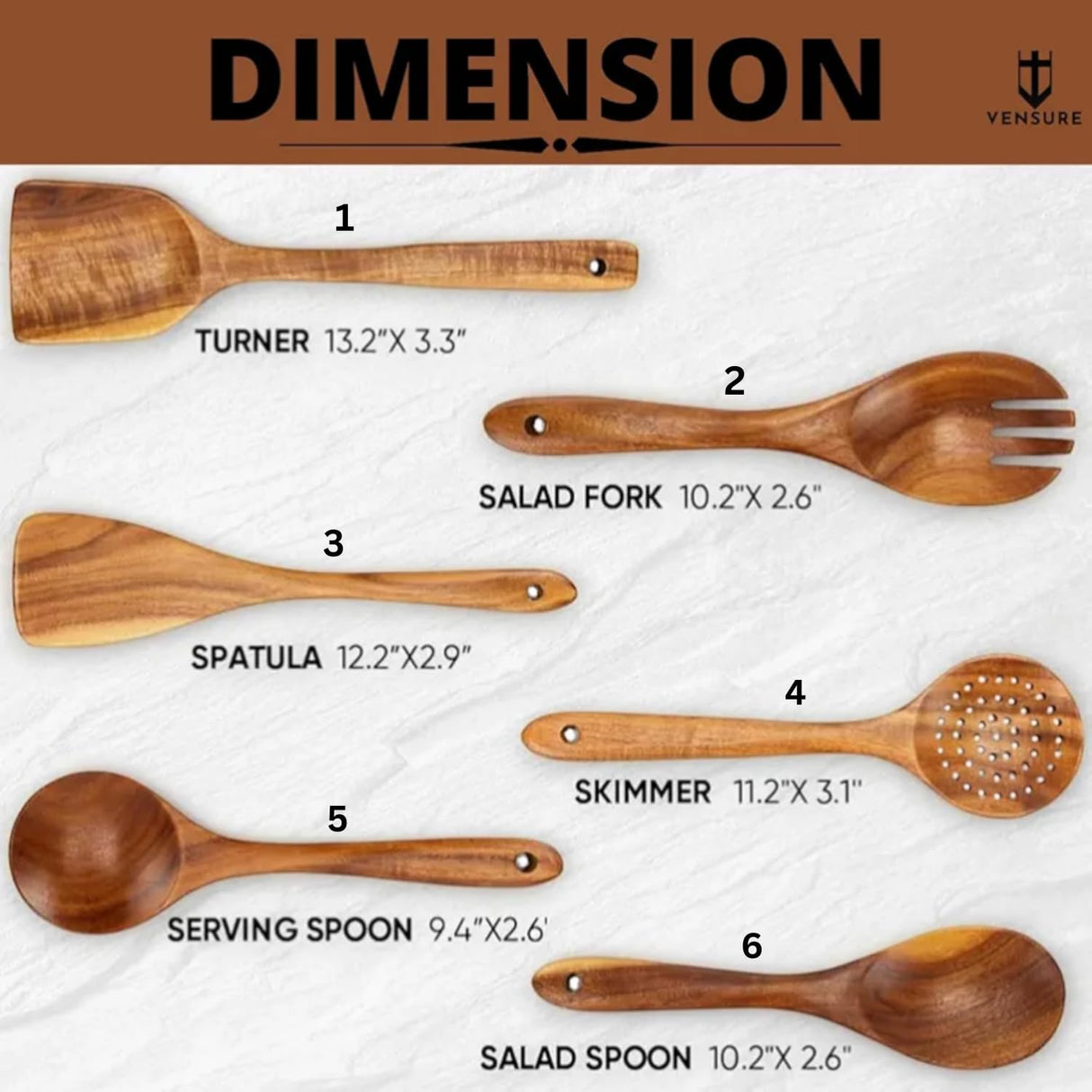 Vensure Wooden Spoons for Cooking 6-Piece, 12 Inch Wooden Spatula Spoon Set for Cooking, Non-Stick Wooden Cooking Utensils -Soft Comfort-Grip Wood Spoons for Cooking, Wooden Spoon with Handmade Design Vensure