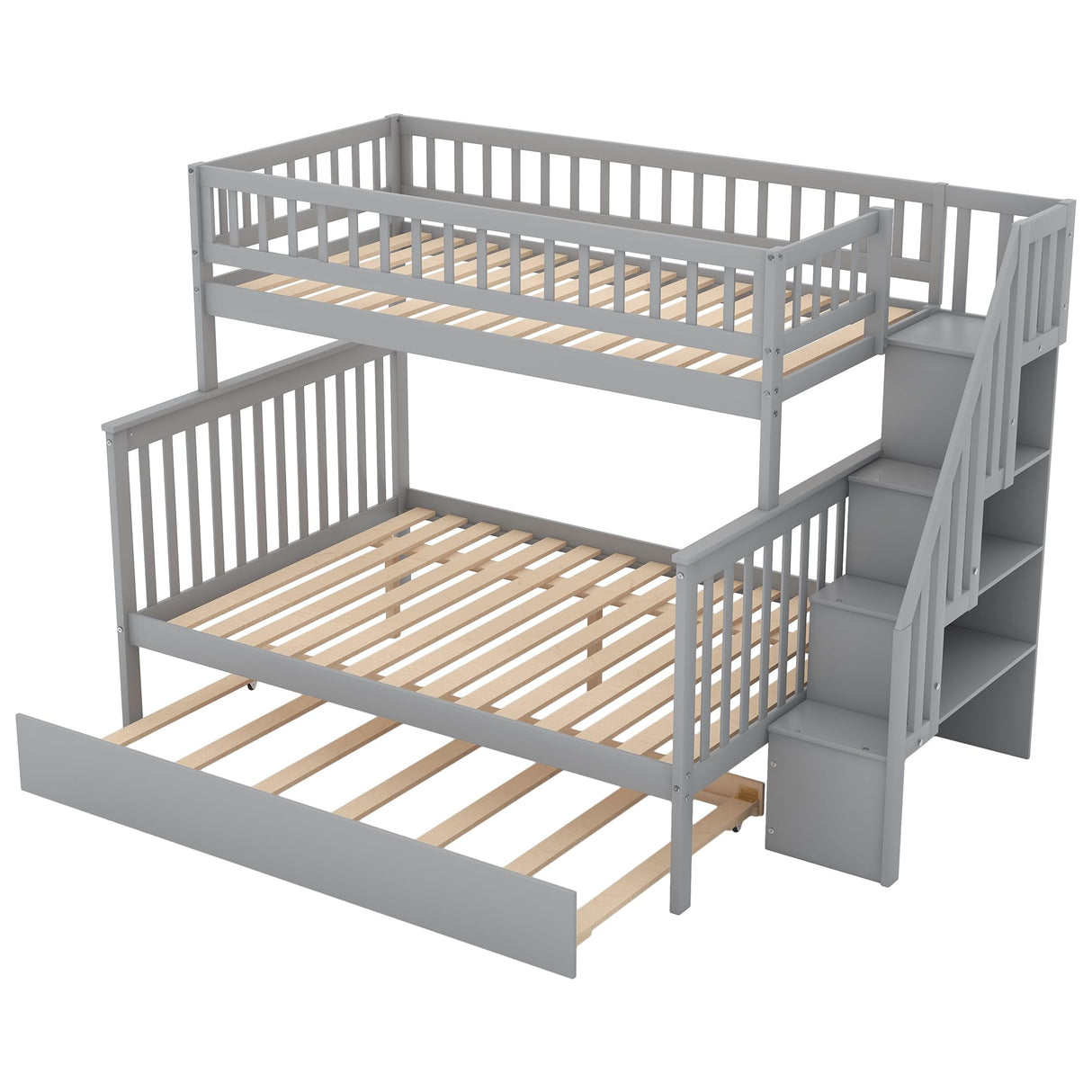 Harper & Bright Designs Bunk Beds Twin Over Full Size, Bunk Bed with Trundle,Storage Shelf and Stairway,Wood Bunk Beds with Full-Length Guard Rail for Kids and Teenagers,No Box Spring Needed, Grey Harper & Bright Designs
